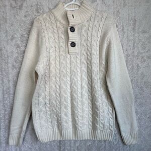 Kian D Men's Cream Cable Knit Fishermans Sweater Sz XL Elbow Patches